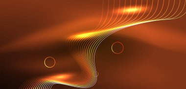 Neon çizgileri ve dalgalar soyut arkaplan. Duvar kağıdı, pankart, arkaplan, iniş sayfası, duvar sanatı, davetiye, baskılar, posterler için parlayan tekno neon şekiller vektör ilülasyonu