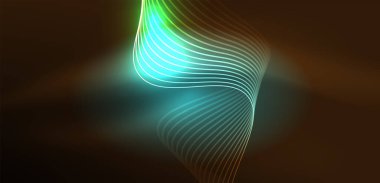 Parlak neon dalgalar. Neon ışığı ya da lazer gösterisi, elektrik akımı, güç hatları, tekno kuantum enerji dürtüsü, parlayan sihirli dinamik çizgiler.