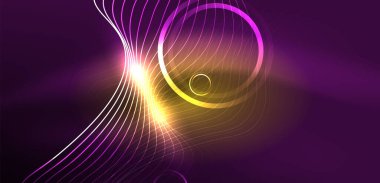 Neon çizgileri ve dalgalar soyut arkaplan. Duvar kağıdı, pankart, arkaplan, iniş sayfası, duvar sanatı, davetiye, baskılar, posterler için parlayan tekno neon şekiller vektör ilülasyonu