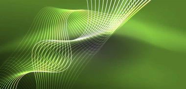 Parlak neon dalgalar. Neon ışığı ya da lazer gösterisi, elektrik akımı, güç hatları, tekno kuantum enerji dürtüsü, parlayan sihirli dinamik çizgiler.