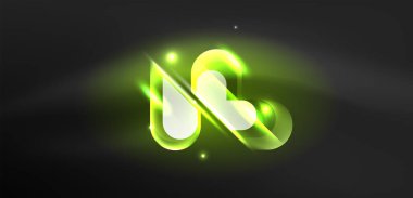 Neon parlayan geometrik şekiller vektör soyut arkaplanı. Yuvarlak elementler, ışık efektleri ve renk arkaplanlı parlak cam. Uzay kozmik ya da sihirli enerji duvar kağıdı