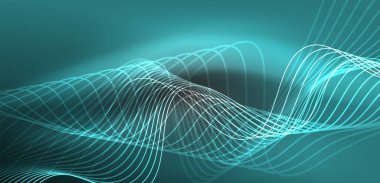 Parlak neon dalgalar. Neon ışığı ya da lazer gösterisi, elektrik akımı, güç hatları, tekno kuantum enerji dürtüsü, parlayan sihirli dinamik çizgiler.