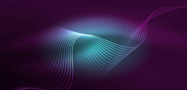 Parlak neon dalgalar. Neon ışığı ya da lazer gösterisi, elektrik akımı, güç hatları, tekno kuantum enerji dürtüsü, parlayan sihirli dinamik çizgiler.