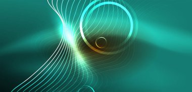 Neon çizgileri ve dalgalar soyut arkaplan. Duvar kağıdı, pankart, arkaplan, iniş sayfası, duvar sanatı, davetiye, baskılar, posterler için parlayan tekno neon şekiller vektör ilülasyonu