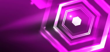Altıgen soyut arkaplan. Duvar kağıdı, afiş, arkaplan, iniş sayfası, duvar sanatı, davetiye, baskılar için tekno parlayan neon altıgen şekiller vektör ilüstrasyonunu şekillendirir