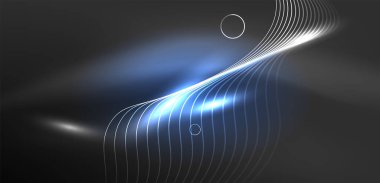 Neon lazer hatları, daire dalgaları soyut arkaplan. Neon ışığı ya da lazer gösterisi, elektrik akımı, güç hatları, tekno kuantum enerji dürtüsü, parlayan sihirli dinamik çizgiler.