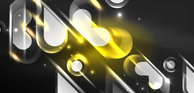 Neon parlayan geometrik şekiller vektör soyut arkaplanı. Yuvarlak elementler, ışık efektleri ve renk arkaplanlı parlak cam. Uzay kozmik ya da sihirli enerji duvar kağıdı