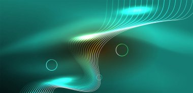 Neon çizgileri ve dalgalar soyut arkaplan. Duvar kağıdı, pankart, arkaplan, iniş sayfası, duvar sanatı, davetiye, baskılar, posterler için parlayan tekno neon şekiller vektör ilülasyonu