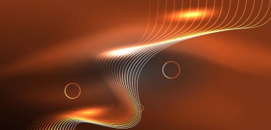 Neon lazer hatları, daire dalgaları soyut arkaplan. Neon ışığı ya da lazer gösterisi, elektrik akımı, güç hatları, tekno kuantum enerji dürtüsü, parlayan sihirli dinamik çizgiler.