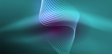 Parlak neon dalgalar. Neon ışığı ya da lazer gösterisi, elektrik akımı, güç hatları, tekno kuantum enerji dürtüsü, parlayan sihirli dinamik çizgiler.