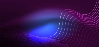 Parlak neon dalgalar. Neon ışığı ya da lazer gösterisi, elektrik akımı, güç hatları, tekno kuantum enerji dürtüsü, parlayan sihirli dinamik çizgiler.