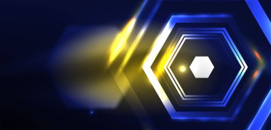 Altıgen soyut arkaplan. Duvar kağıdı, afiş, arkaplan, iniş sayfası, duvar sanatı, davetiye, baskılar için tekno parlayan neon altıgen şekiller vektör ilüstrasyonunu şekillendirir