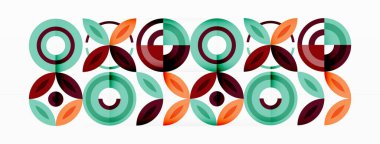 Soyut arkaplan - minimalist daireler ve çeşitli boyutlarda daireler ve diğer geometrik şekillerle yuvarlak elementler bileşimi. Elementler simetrik olarak şebekeye benzer bir şekilde dizilmiştir.