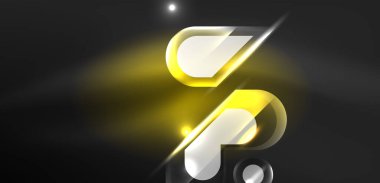 Neon parlayan geometrik şekiller vektör soyut arkaplanı. Yuvarlak elementler, ışık efektleri ve renk arkaplanlı parlak cam. Uzay kozmik ya da sihirli enerji duvar kağıdı