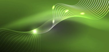 Parlak neon dalgalar. Neon ışığı ya da lazer gösterisi, elektrik akımı, güç hatları, tekno kuantum enerji dürtüsü, parlayan sihirli dinamik çizgiler.