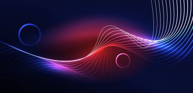Neon lazer hatları, daire dalgaları soyut arkaplan. Neon ışığı ya da lazer gösterisi, elektrik akımı, güç hatları, tekno kuantum enerji dürtüsü, parlayan sihirli dinamik çizgiler.