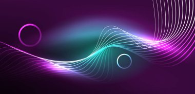 Neon çizgileri ve dalgalar soyut arkaplan. Duvar kağıdı, pankart, arkaplan, iniş sayfası, duvar sanatı, davetiye, baskılar, posterler için parlayan tekno neon şekiller vektör ilülasyonu