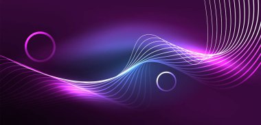 Neon çizgileri ve dalgalar soyut arkaplan. Duvar kağıdı, pankart, arkaplan, iniş sayfası, duvar sanatı, davetiye, baskılar, posterler için parlayan tekno neon şekiller vektör ilülasyonu