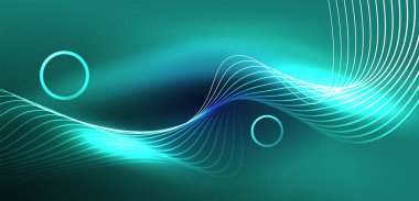 Neon lazer hatları, daire dalgaları soyut arkaplan. Neon ışığı ya da lazer gösterisi, elektrik akımı, güç hatları, tekno kuantum enerji dürtüsü, parlayan sihirli dinamik çizgiler.