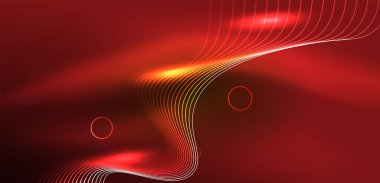 Neon çizgileri ve dalgalar soyut arkaplan. Duvar kağıdı, pankart, arkaplan, iniş sayfası, duvar sanatı, davetiye, baskılar, posterler için parlayan tekno neon şekiller vektör ilülasyonu