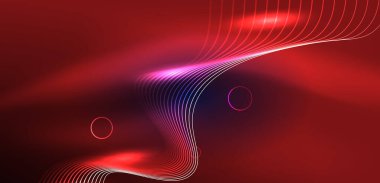 Neon lazer hatları, daire dalgaları soyut arkaplan. Neon ışığı ya da lazer gösterisi, elektrik akımı, güç hatları, tekno kuantum enerji dürtüsü, parlayan sihirli dinamik çizgiler.