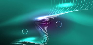 Neon çizgileri ve dalgalar soyut arkaplan. Duvar kağıdı, pankart, arkaplan, iniş sayfası, duvar sanatı, davetiye, baskılar, posterler için parlayan tekno neon şekiller vektör ilülasyonu