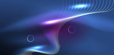 Neon çizgileri ve dalgalar soyut arkaplan. Duvar kağıdı, pankart, arkaplan, iniş sayfası, duvar sanatı, davetiye, baskılar, posterler için parlayan tekno neon şekiller vektör ilülasyonu