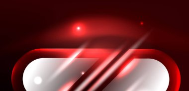 Neon parlayan geometrik şekiller vektör soyut arkaplanı. Yuvarlak elementler, ışık efektleri ve renk arkaplanlı parlak cam. Uzay kozmik ya da sihirli enerji duvar kağıdı
