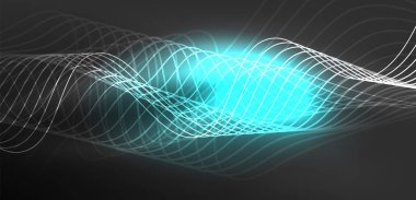 Parlak neon dalgalar. Neon ışığı ya da lazer gösterisi, elektrik akımı, güç hatları, tekno kuantum enerji dürtüsü, parlayan sihirli dinamik çizgiler.