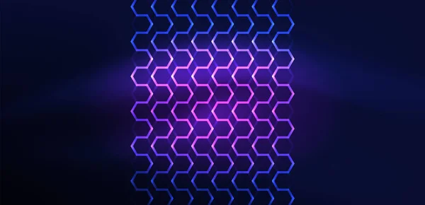 六角形の抽象的な背景 テクノ輝くネオン六角形は バナー ランディングページ 壁アート 招待状 プリント ポスターのベクトルイラストを形成します — ストックベクタ