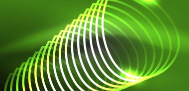 Neon çizgileri ve dalgalar soyut arkaplan. Duvar kağıdı, pankart, arkaplan, iniş sayfası, duvar sanatı, davetiye, baskılar, posterler için parlayan tekno neon şekiller vektör ilülasyonu