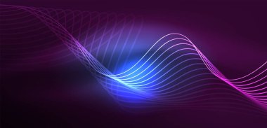 Parlak neon dalgalar. Neon ışığı ya da lazer gösterisi, elektrik akımı, güç hatları, tekno kuantum enerji dürtüsü, parlayan sihirli dinamik çizgiler.