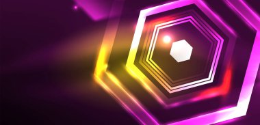 Soyut arka plan tekno neon altıgenleri. Duvar kağıdı, afiş, arkaplan, iniş sayfası, duvar resimleri, davetiye, baskılar, posterler için yüksek teknoloji vektör ilüstrasyonuName