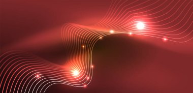 Parlak neon dalgalar. Neon ışığı ya da lazer gösterisi, elektrik akımı, güç hatları, tekno kuantum enerji dürtüsü, parlayan sihirli dinamik çizgiler.