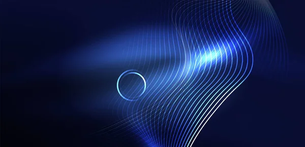 霓虹灯激光线 圆环波抽象背景 霓虹灯或激光表演 电脉冲 电力线路 技术量子能量脉冲 神奇发光的动态线路 — 图库矢量图片