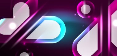Neon parlayan geometrik şekiller vektör soyut arkaplanı. Yuvarlak elementler, ışık efektleri ve renk arkaplanlı parlak cam. Uzay kozmik ya da sihirli enerji duvar kağıdı