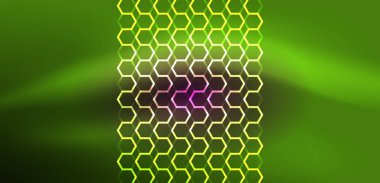 Soyut arka plan tekno neon altıgenleri. Duvar kağıdı, afiş, arkaplan, iniş sayfası, duvar resimleri, davetiye, baskılar, posterler için yüksek teknoloji vektör ilüstrasyonuName