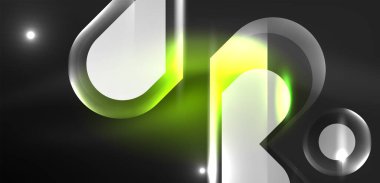 Neon parlayan geometrik şekiller vektör soyut arkaplanı. Yuvarlak elementler, ışık efektleri ve renk arkaplanlı parlak cam. Uzay kozmik ya da sihirli enerji duvar kağıdı