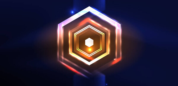 Hexagon abstract background. Techno glowing neon hexagon shapes vector illustration for wallpaper, banner, background, landing page, wall art, invitation, prints, posters