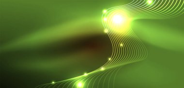 Parlak neon dalgalar. Neon ışığı ya da lazer gösterisi, elektrik akımı, güç hatları, tekno kuantum enerji dürtüsü, parlayan sihirli dinamik çizgiler.