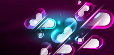 Neon parlayan geometrik şekiller vektör soyut arkaplanı. Yuvarlak elementler, ışık efektleri ve renk arkaplanlı parlak cam. Uzay kozmik ya da sihirli enerji duvar kağıdı