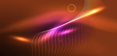 Neon çizgileri ve dalgalar soyut arkaplan. Duvar kağıdı, pankart, arkaplan, iniş sayfası, duvar sanatı, davetiye, baskılar, posterler için parlayan tekno neon şekiller vektör ilülasyonu