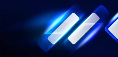 Mavi neon hız oku ve çizgi arka planı şekillendirir. Parlak arka planlı yüksek teknoloji konsepti. Karanlıkta parlayan ışık efekti