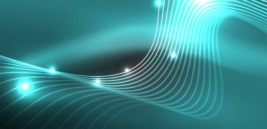 Parlak neon dalgalar. Neon ışığı ya da lazer gösterisi, elektrik akımı, güç hatları, tekno kuantum enerji dürtüsü, parlayan sihirli dinamik çizgiler.