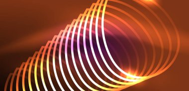 Neon çizgileri ve dalgalar soyut arkaplan. Duvar kağıdı, pankart, arkaplan, iniş sayfası, duvar sanatı, davetiye, baskılar, posterler için parlayan tekno neon şekiller vektör ilülasyonu