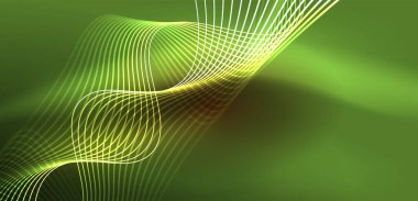 Parlak neon dalgalar. Neon ışığı ya da lazer gösterisi, elektrik akımı, güç hatları, tekno kuantum enerji dürtüsü, parlayan sihirli dinamik çizgiler.