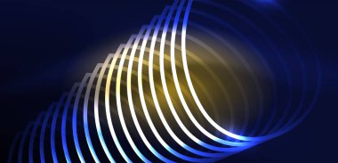Neon lazer hatları, daire dalgaları soyut arkaplan. Neon ışığı ya da lazer gösterisi, elektrik akımı, güç hatları, tekno kuantum enerji dürtüsü, parlayan sihirli dinamik çizgiler.