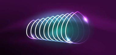Neon çizgileri ve dalgalar soyut arkaplan. Duvar kağıdı, pankart, arkaplan, iniş sayfası, duvar sanatı, davetiye, baskılar, posterler için parlayan tekno neon şekiller vektör ilülasyonu