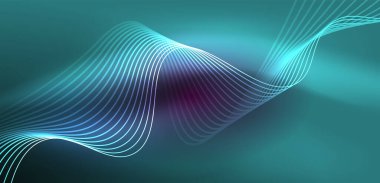 Parlak neon dalgalar. Neon ışığı ya da lazer gösterisi, elektrik akımı, güç hatları, tekno kuantum enerji dürtüsü, parlayan sihirli dinamik çizgiler.