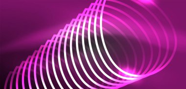 Neon lazer hatları, daire dalgaları soyut arkaplan. Neon ışığı ya da lazer gösterisi, elektrik akımı, güç hatları, tekno kuantum enerji dürtüsü, parlayan sihirli dinamik çizgiler.